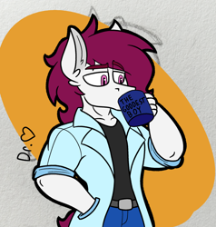 Size: 1734x1821 | Tagged: safe, artist:drheartdoodles, imported from derpibooru, oc, oc only, oc:dr.heart, anthro, clydesdale, belt, colored, digital art, dilf, doctor, doctors coat, drinking, flat colors, male, mug, solo, stallion, waist up