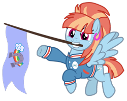 Size: 1000x797 | Tagged: safe, artist:katnekobase, artist:midnightmuffinda, imported from derpibooru, windy whistles, pegasus, pony, alternate hairstyle, base used, cheerleader, clothes, cute, ear piercing, earring, female, flag, flying, grin, jacket, jersey, jewelry, mare, mouth hold, piercing, raised hoof, simple background, smiling, solo, transparent background, varsity jacket, windybetes, younger