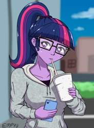 Size: 880x1200 | Tagged: safe, artist:empyu, imported from derpibooru, sci-twi, twilight sparkle, equestria girls, clothes, drink, female, glasses, hoodie, ponytail, solo