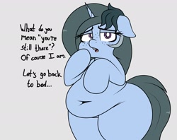 Size: 2082x1652 | Tagged: safe, artist:blitzyflair, imported from derpibooru, oc, oc only, oc:blitzy flair, pony, unicorn, belly button, bipedal, chubby, dialogue, fat, fat fuck, female, floppy ears, freckles, large butt, looking at you, mare, obese, open mouth, plump, question, raised hoof, schizophrenia, simple background, solo, wide hips