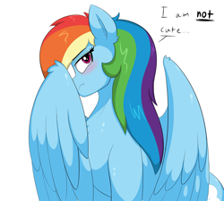 Size: 3000x2700 | Tagged: safe, artist:astrum, imported from derpibooru, part of a set, rainbow dash, pegasus, pony, angry, blatant lies, blushing, chest fluff, covering face, cute, dashabetes, dialogue, digital art, female, flustered, frown, high res, i'm not cute, looking away, looking up, madorable, mare, simple background, sitting, solo, talking to viewer, text, tsunderainbow, tsundere, white background, wings