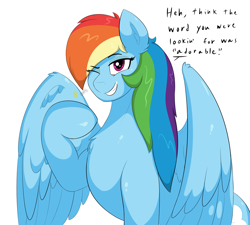 Size: 3000x2700 | Tagged: safe, artist:astrum, imported from derpibooru, part of a set, rainbow dash, pegasus, pony, bait and switch, chest fluff, cute, dashabetes, dialogue, digital art, eye clipping through hair, eyebrows, eyebrows visible through hair, female, grin, high res, looking at you, mare, one eye closed, pointing, pointing at self, raised hoof, simple background, sitting, smiling, smiling at you, solo, talking to viewer, text, white background, wings, wink, winking at you