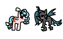 Size: 4000x2500 | Tagged: safe, imported from derpibooru, cozy glow, queen chrysalis, changeling, changeling queen, pegasus, pony, 1000 hours in ms paint, blushing, bow, cozybetes, cozysalis, cute, cutealis, female, folded wings, hair bow, insect wings, looking at each other, looking at someone, no neck, shipping, simple background, wat, white background, wings