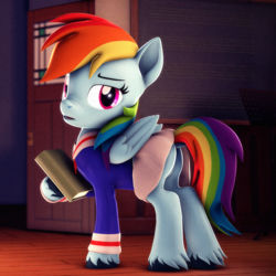 Size: 2160x2160 | Tagged: safe, artist:psfmer, imported from derpibooru, rainbow dash, pegasus, pony, 3d, book, butt, chalkboard, classroom, clothes, dock, female, folded wings, high res, hoof hold, looking at you, mare, open mouth, plot, rainbutt dash, revamped ponies, school uniform, schoolgirl, skirt, solo, source filmmaker, tail, unshorn fetlocks, wings