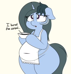 Size: 1816x1880 | Tagged: safe, artist:blitzyflair, imported from derpibooru, oc, oc only, oc:blitzy flair, pony, unicorn, apron, belly button, bipedal, bowl, burned, cereal, chubby, clothes, dialogue, female, floppy ears, food, freckles, holding, looking up, mare, open mouth, plump, solo, tan background, wide hips