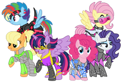 Size: 1800x1200 | Tagged: safe, artist:icicle-wicicle-1517, artist:rmv-art, color edit, edit, imported from derpibooru, applejack, fluttershy, pinkie pie, rainbow dash, rarity, twilight sparkle, alicorn, cyborg, earth pony, pegasus, pony, unicorn, alternate hairstyle, amputee, armor, augmented, belt, boots, clothes, collaboration, colored, cyberpunk, ear piercing, earring, eyeshadow, flying, freckles, goggles, grin, high heel boots, jewelry, makeup, mane six, open mouth, piercing, prosthetic limb, prosthetics, shoes, simple background, smiling, transparent background, twilight sparkle (alicorn)