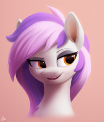 Size: 850x1000 | Tagged: safe, artist:luminousdazzle, imported from derpibooru, oc, oc only, oc:mewio, pegasus, pony, bust, eyeshadow, female, looking away, makeup, mare, open mouth, open smile, orange eyes, pegasus oc, pink background, portrait, raised eyebrow, semi-realistic, shading, signature, simple background, smiling, smug, solo, two toned mane