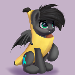 Size: 4800x4800 | Tagged: safe, artist:joaothejohn, imported from derpibooru, oc, oc only, oc:xm3, bat pony, pony, banana, bat pony oc, clothes, costume, cute, food, food costume, purple background, simple background, solo, wings