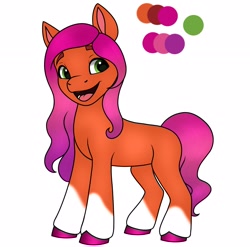 Size: 2074x2048 | Tagged: safe, artist:dancingkinfiend, imported from derpibooru, oc, oc:sapling beautyberry, earth pony, pony, coat markings, female, g5, green eyes, happy, mare, my little pony: a new generation, not sunny starscout, offspring, orange fur, parent:sprout cloverleaf, parent:sunny starscout, parents:sunnysprout, purple hair, purple mane, reference sheet, shipping, simple background, socks (coat markings), solo, sunnysprout, white background