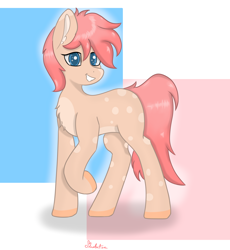 Size: 1280x1392 | Tagged: safe, artist:marbatra, imported from derpibooru, oc, oc only, oc:strawberry buttercream, earth pony, pony, abstract background, chest fluff, colored pupils, ear fluff, grin, male, raised hoof, signature, smiling, solo, stallion