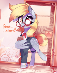 Size: 1080x1382 | Tagged: safe, artist:nevobaster, imported from derpibooru, derpy hooves, pegasus, pony, businessmare, clothes, crack, cute, derp, derpabetes, dialogue, female, folder, glasses, looking at you, mare, meganekko, office, office lady, pencil, round glasses, solo, suit, wing hands, wing hold, wings, writing