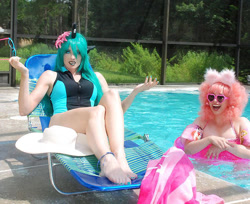 Size: 749x612 | Tagged: safe, artist:amazonmandy, artist:angelsamui, imported from derpibooru, queen chrysalis, oc, oc:fluffle puff, human, barefoot, clothes, cosplay, costume, feet, irl, irl human, photo, sunglasses, swimming pool