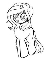 Size: 3062x3754 | Tagged: safe, artist:kittyrosie, imported from derpibooru, oc, oc only, pony, unicorn, chest fluff, floating heart, heart, horn, monochrome, open mouth, sketch, solo, unicorn oc