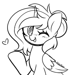 Size: 2686x2665 | Tagged: safe, artist:kittyrosie, imported from derpibooru, oc, oc only, alicorn, pony, alicorn oc, floating heart, heart, horn, monochrome, one eye closed, open mouth, sketch, solo, tongue out, wings