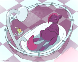 Size: 5334x4266 | Tagged: safe, artist:convexpert, imported from derpibooru, fizzlepop berrytwist, tempest shadow, pony, unicorn, bathroom, bathtub, belly, belly button, big belly, broken horn, eyes closed, female, horn, mare, pregest shadow, pregnant, shower, shower curtain, sitting, smiling, solo, tiles, wet, wet mane