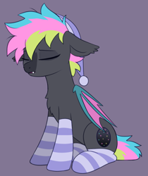 Size: 840x1000 | Tagged: safe, artist:luminousdazzle, imported from derpibooru, oc, oc only, oc:black opal, bat pony, pony, bat pony oc, bed mane, chest fluff, clothes, colored, ear fluff, eyes closed, facial markings, fangs, female, flat colors, floppy ears, folded wings, hat, mare, purple background, simple background, sleepy, socks, solo, striped socks, wings