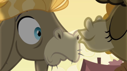 Size: 1152x648 | Tagged: safe, imported from derpibooru, screencap, cranky doodle donkey, matilda, donkey, a friend in deed, season 2, crankilda, duo, female, kissing, male, nose kiss, shipping, shipping fuel, straight