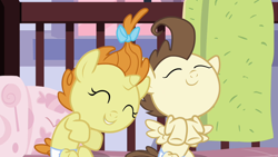 Size: 1280x720 | Tagged: safe, imported from derpibooru, screencap, pound cake, pumpkin cake, pegasus, pony, unicorn, a friend in deed, season 2, baby, baby pony, cake twins, cute, daaaaaaaaaaaw, female, giggling, laughing, male, poundabetes, pumpkinbetes, siblings, smiling, spread wings, twins, wings