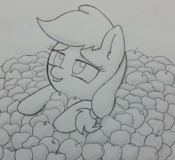 Size: 1280x1173 | Tagged: safe, artist:wafflecakes, applejack, earth pony, pony, apple, food, missing accessory, monochrome, smiling, traditional art