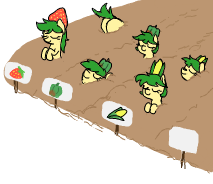 Size: 213x184 | Tagged: safe, artist:wafflecakes, oc, oc only, earth pony, original species, plant pony, pony, bell pepper, butt, corn, dirt, eyes closed, food, lowres, plant, plot, strawberry