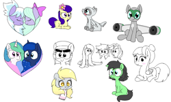 Size: 900x540 | Tagged: safe, artist:wafflecakes, cloudchaser, derpy hooves, flitter, princess celestia, princess luna, oc, oc:filly anon, earth pony, original species, pegasus, plane pony, pony, unicorn, aliconr, blushing, clothes, drawpile, eyes closed, female, filly, flower, hat, plane, scarf, sitting, smiling