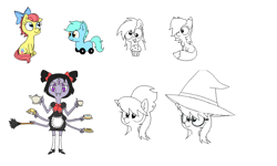 Size: 900x540 | Tagged: safe, artist:wafflecakes, cloudchaser, derpy hooves, oc, original species, pony, bow, chest fluff, drawpile, fox tail, glasses, hat, muffet, open mouth, sitting, smiling, undertale