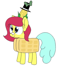 Size: 329x373 | Tagged: safe, artist:wafflecakes, oc, oc only, earth pony, original species, plant pony, pony, bow, corn, food, hat, plant, simple background, smiling, top hat, transparent background, waffle