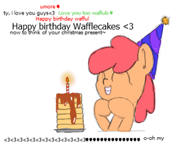 Size: 327x270 | Tagged: safe, artist:wafflecakes, oc, oc only, earth pony, pony, birthday, candle, eyes closed, hat, party hat, simple background, smiling, white background