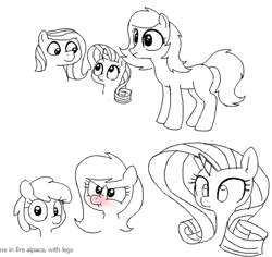 Size: 429x405 | Tagged: safe, artist:wafflecakes, rarity, oc, earth pony, pony, unicorn, drawpile, monochrome, scrunch, simple background, smiling