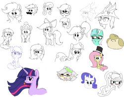 Size: 1039x814 | Tagged: safe, artist:wafflecakes, fluttershy, lyra heartstrings, princess luna, rarity, twilight sparkle, oc, oc:filly anon, earth pony, pony, unicorn, blushing, bot, drawpile, female, filly, food, glasses, hat, marshmallow, open mouth, simple background, sitting, smiling, tongue out, top hat, unicorn twilight