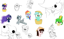 Size: 1183x720 | Tagged: safe, artist:wafflecakes, lyra heartstrings, princess luna, rainbow dash, twilight sparkle, oc, oc:filly anon, original species, plane pony, plant pony, pony, unicorn, braces, chest fluff, corn, drawpile, female, filly, food, googly eyes, hat, open mouth, plane, plant, simple background, sitting, smiling, smilinlg, tongue out, upside down