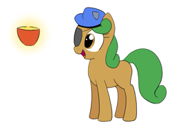 Size: 1069x800 | Tagged: safe, artist:wafflecakes, oc, oc only, pony, bowl, eyepatch, hat, open mouth, simple background, smiling, white background