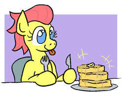 Size: 620x469 | Tagged: safe, artist:wafflecakes, oc, oc only, pony, food, fork, knife, pancakes, sitting, smiling, table, tongue out