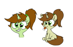 Size: 309x203 | Tagged: safe, artist:wafflecakes, oc, oc only, pony, unicorn, lowres, simple background, sitting, smiling, tongue out, transparent background