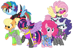 Size: 1800x1200 | Tagged: safe, artist:ichiban-iceychan1517, artist:rmv-art, color edit, edit, imported from derpibooru, applejack, fluttershy, pinkie pie, rainbow dash, rarity, twilight sparkle, alicorn, cyborg, earth pony, pegasus, pony, unicorn, alternate hairstyle, amputee, armor, augmented, belt, boots, clothes, collaboration, colored, cyberpunk, ear piercing, earring, eyeshadow, flying, freckles, goggles, grin, high heel boots, jewelry, makeup, mane six, open mouth, piercing, prosthetic limb, prosthetics, shoes, simple background, smiling, transparent background, twilight sparkle (alicorn)