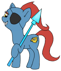 Size: 197x229 | Tagged: safe, artist:wafflecakes, oc, oc only, earth pony, pony, eyepatch, lowres, ponified, simple background, smiling, spear, transparent background, undertale, undyne, weapon