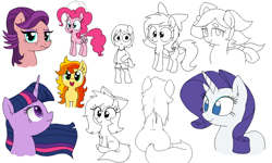 Size: 900x540 | Tagged: safe, artist:wafflecakes, pinkie pie, rarity, spoiled rich, twilight sparkle, oc, earth pony, pony, unicorn, bipe, butt, drawpile, open mouth, plot, simple background, smiling