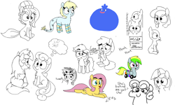 Size: 900x540 | Tagged: safe, artist:wafflecakes, bon bon, fluttershy, lyra heartstrings, sweetie drops, oc, oc:flo, oc:wheely bopper, earth pony, original species, pegasus, pony, unicorn, chest fluff, drawpile, locoroco, lying down, simple background, sitting, smiling, tongue out, wheel