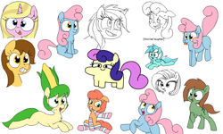 Size: 900x540 | Tagged: safe, artist:wafflecakes, bon bon, lyra heartstrings, sweetie drops, oc, earth pony, pony, unicorn, clothes, drawpile, fangs, mouth hold, open mouth, simple background, smiling, socks, tongue out