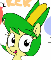 Size: 219x258 | Tagged: safe, artist:wafflecakes, oc, oc only, original species, plant pony, pony, animated, corn, eyebrow wiggle, food, gif, lowres, open mouth, plant, smiling
