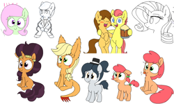 Size: 900x540 | Tagged: safe, artist:wafflecakes, applejack, rarity, saffron masala, oc, earth pony, monster pony, original species, pony, tatzlpony, unicorn, alcohol, blushing, clothes, drawpile, drinking, hat, open mouth, simple background, sitting, smiling, species swap, squatting, tatzljack, tongue out, top hat