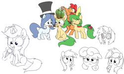 Size: 900x540 | Tagged: safe, artist:wafflecakes, bon bon, derpy hooves, dj pon-3, lyra heartstrings, sweetie drops, vinyl scratch, oc:hattsy, earth pony, pony, unicorn, bell pepper, bon bon is not amused, brush, chest fluff, drawpile, eyes closed, food, glasses, green is my pepper, hairbrush, hat, ice cream, magic, makeup, makeup brush, mouth hold, raised hoof, simple background, tongue out, top hat, unamused