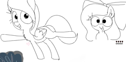 Size: 647x319 | Tagged: safe, artist:wafflecakes, cloudchaser, pegasus, pony, bow, chest fluff, drawpile, monochrome, open mouth, raised hoof, simple background, smiling, tongue out