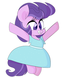 Size: 1208x1419 | Tagged: safe, artist:wafflecakes, oc, oc only, pony, bipedal, clothes, dress, raised arms, simple background, smiling, transparent background