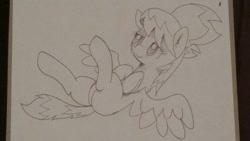 Size: 1280x720 | Tagged: safe, artist:wafflecakes, cloudchaser, pegasus, pony, monochrome, on back, simple background, smiling, spread wings, traditional art, wings