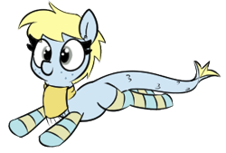 Size: 294x199 | Tagged: safe, artist:wafflecakes, oc, oc only, oc:flo, merpony, original species, pony, clothes, lowres, scarf, simple background, smiling, socks, transparent background