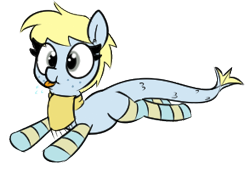 Size: 294x199 | Tagged: safe, artist:wafflecakes, oc, oc only, oc:flo, original species, pony, clothes, lowres, scarf, simple background, smiling, socks, tongue out, transparent background