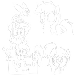 Size: 802x808 | Tagged: safe, artist:wafflecakes, trixie, oc, parasprite, pony, unicorn, box, drawpile, epona, monochrome, simple background, smiling, the legend of zelda, tongue out