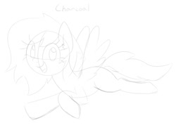 Size: 1148x819 | Tagged: safe, artist:wafflecakes, oc, oc only, pony, flying, monochrome, open mouth, simple background, smiling, spread wings, wings