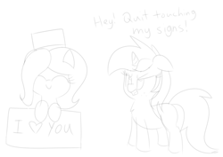 Size: 1280x906 | Tagged: safe, artist:wafflecakes, oc, oc only, oc:hattsy, earth pony, pony, unicorn, angry, chest fluff, eyes closed, hat, monochrome, open mouth, sign, simple background, smiling, talking, top hat